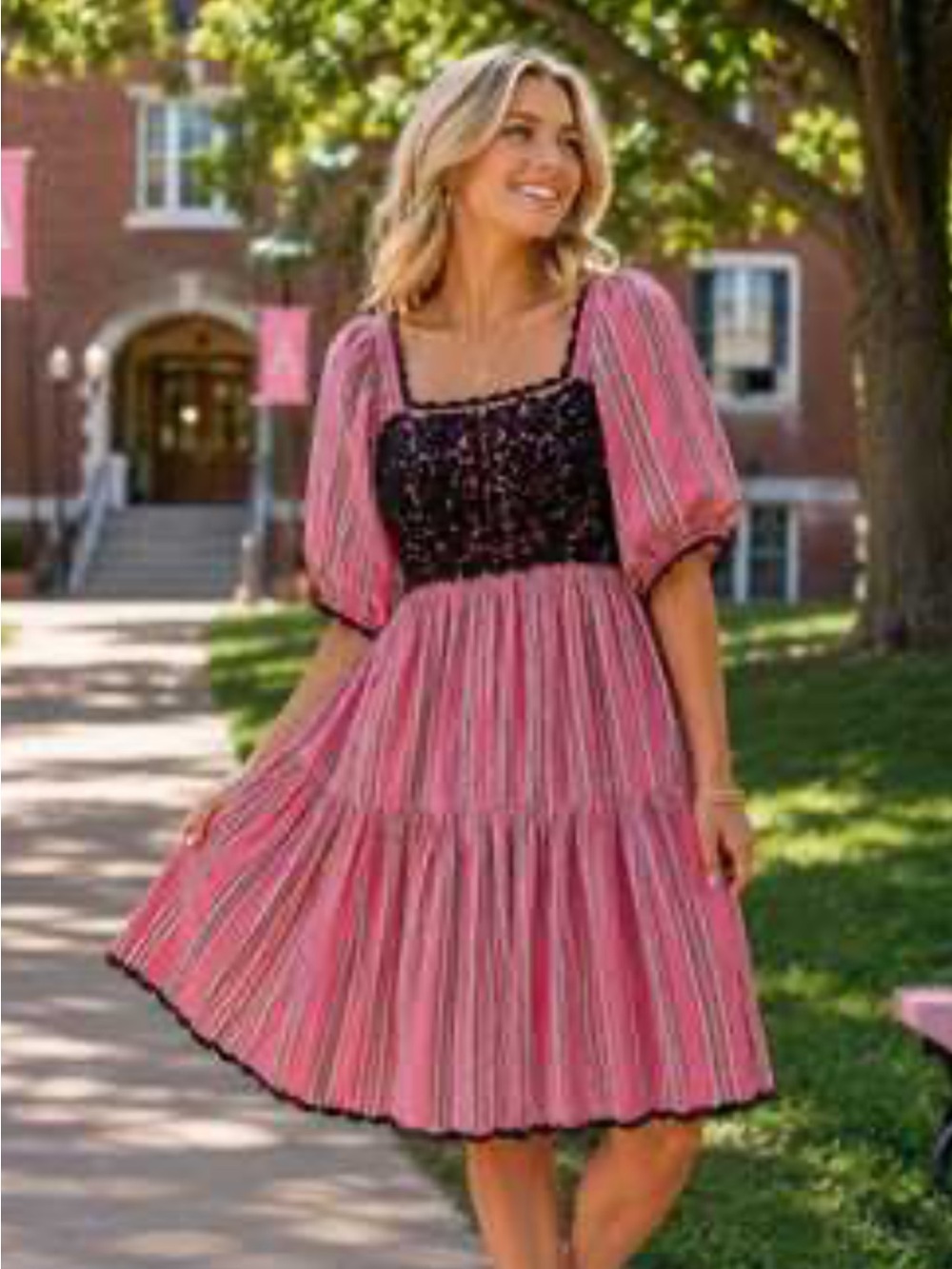 Sister Mary Red Striped Puff-Sleeve Midi Dress with Black Embrodery Bodice